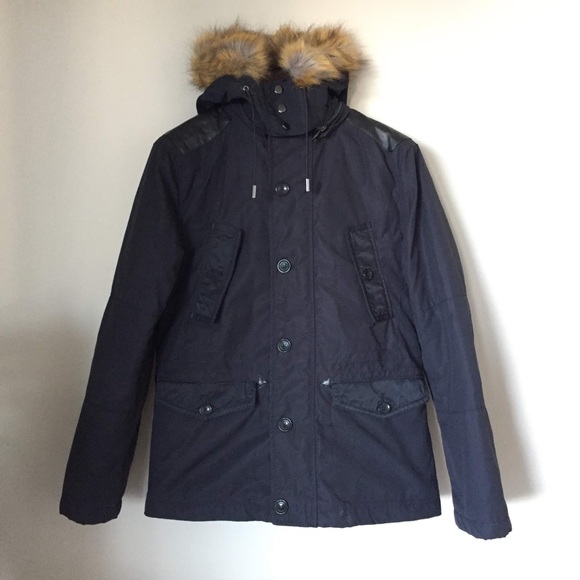 ZARA navy blue parka mens fur pockets vintage look coat jacket bomber - Picture 6 of 7
